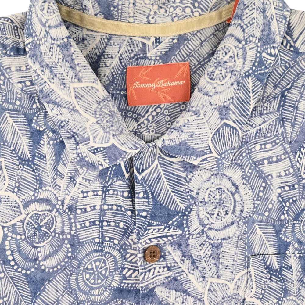 100% Silk Tommy Bahama Men Blue White Floral Batik Camp Shirt Resort XXL